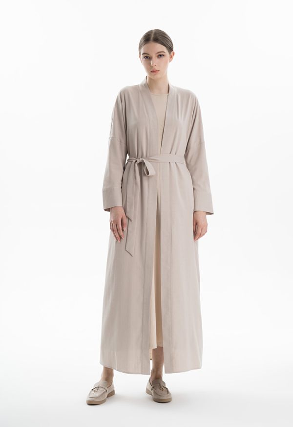 Open Front Solid Maxi Abaya With Self-Fabric Belt -Sale