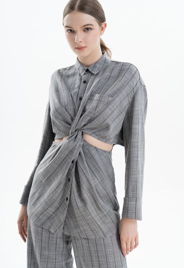 Striped Cut-Out Collared Overlapped Shirt -Sale