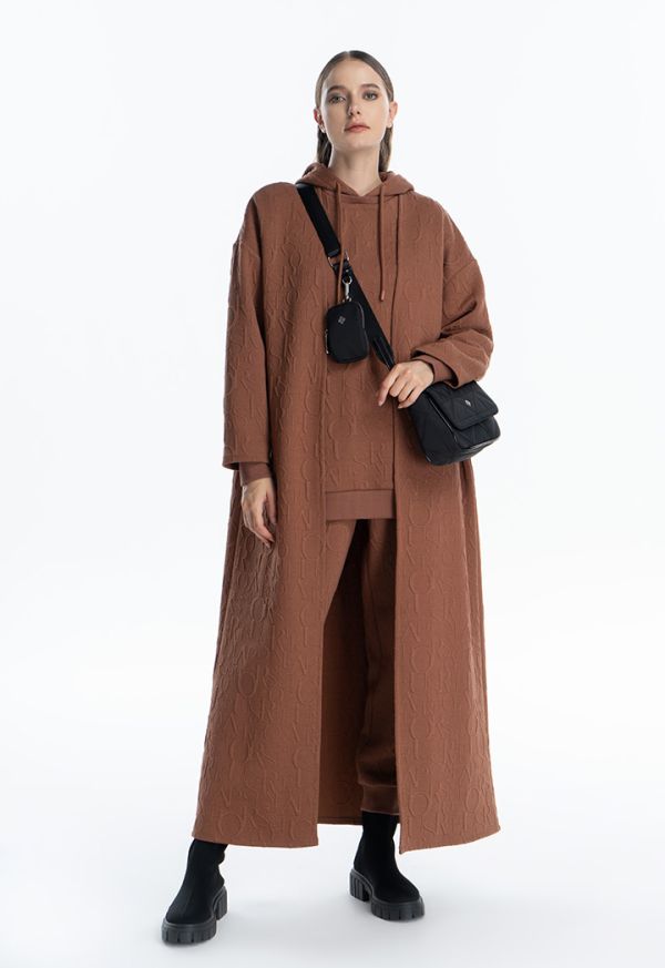 Letter Textured Solid Maxi Open Winter Bisht -Sale