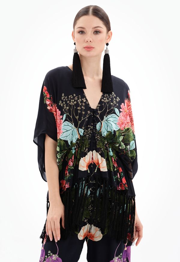 Floral Print Blouse With Tassel Detail -Sale