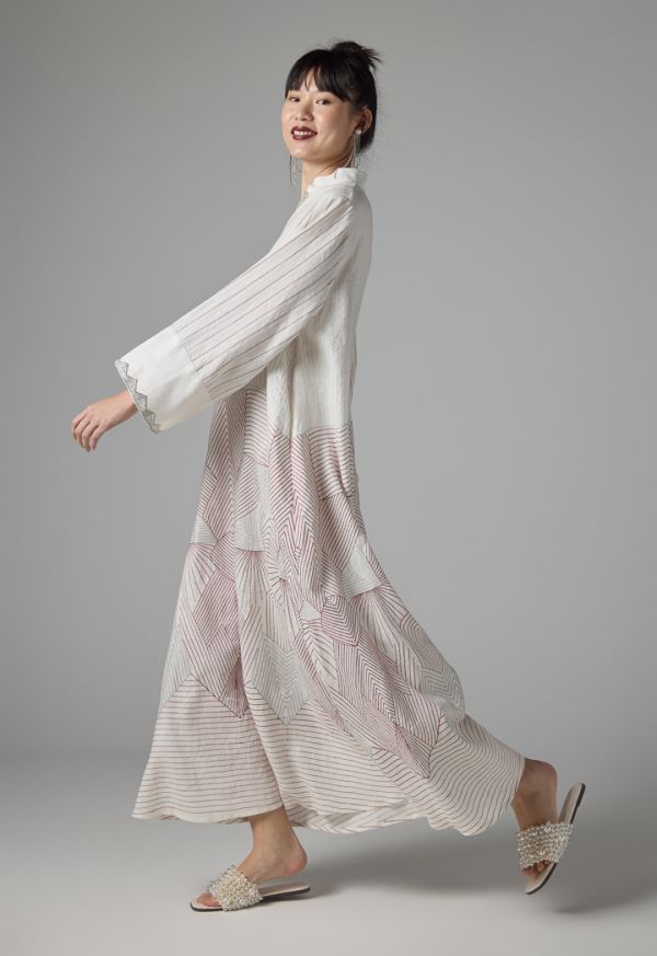 فستان واسع مخطط بدرزات هندسية - ستايل رمضان