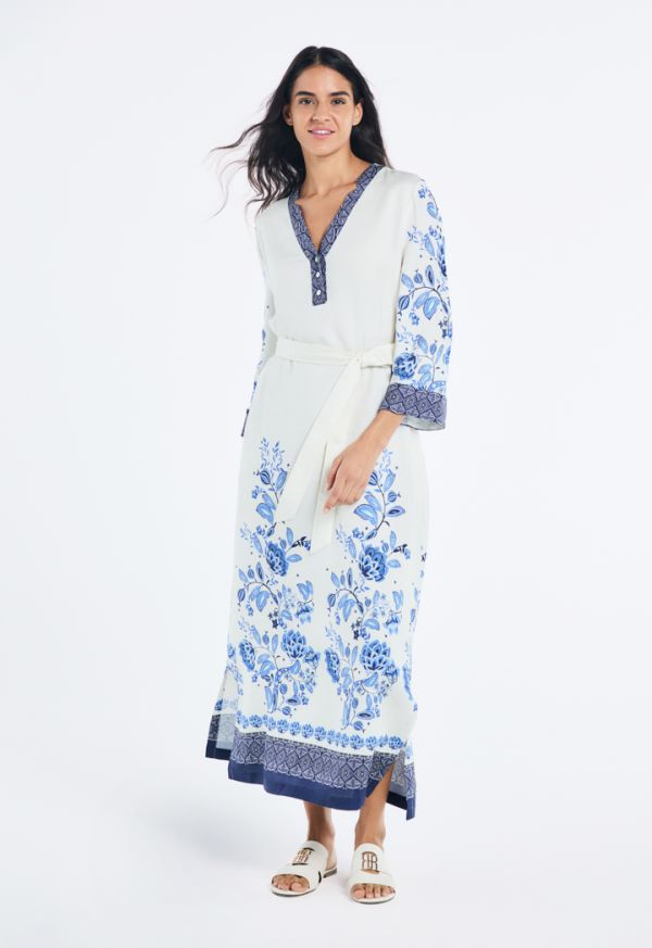 فستان قفطان بطباعة أزهار و حزام- ستايل رمضان