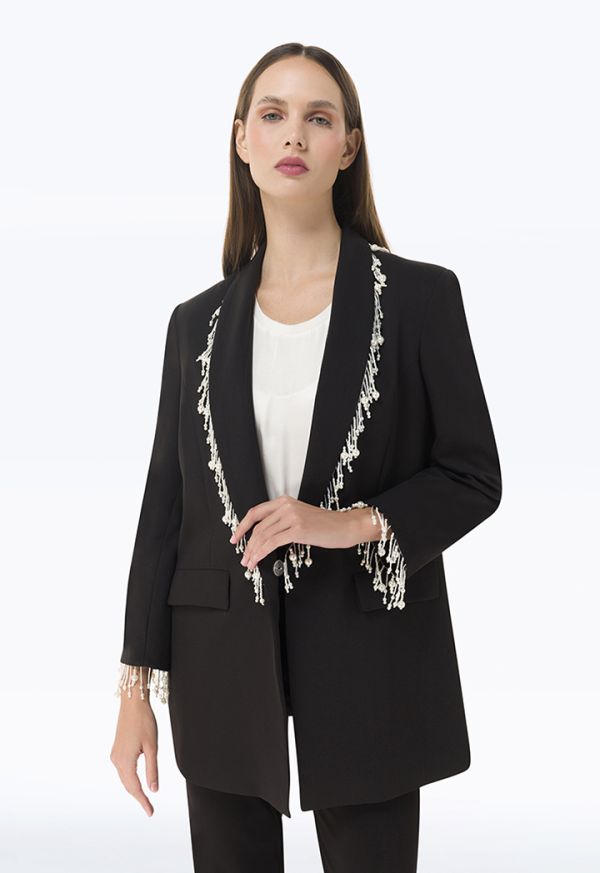 Pearl Embellished Blazer With Flap Pockets -Sale