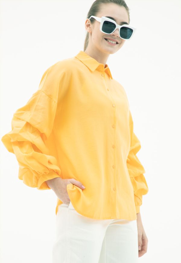 Ruched Sleeve Solid Shirt -Sale