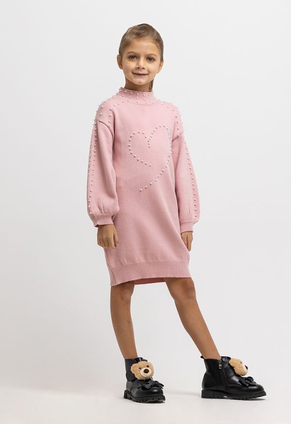 Faux Pearls Knitted Puffy Sleeves Short Winter Dress -Sale