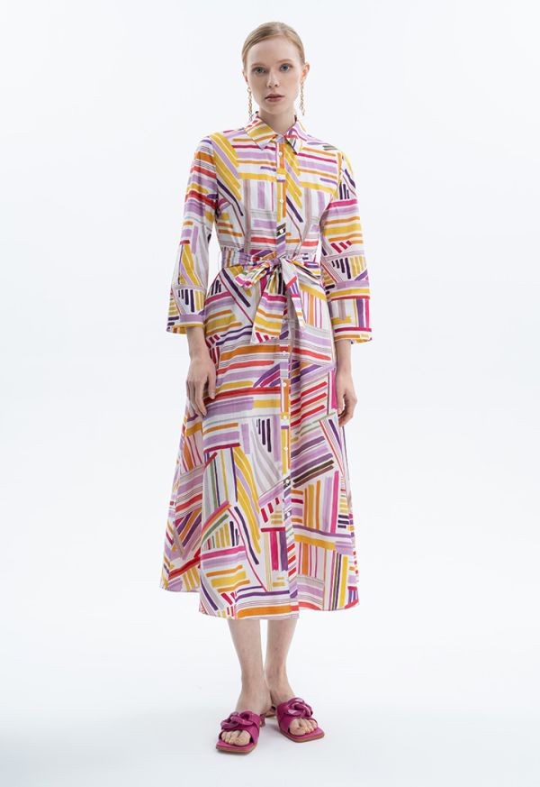 Abstract Stripe Printed Dress With Belt -Sale