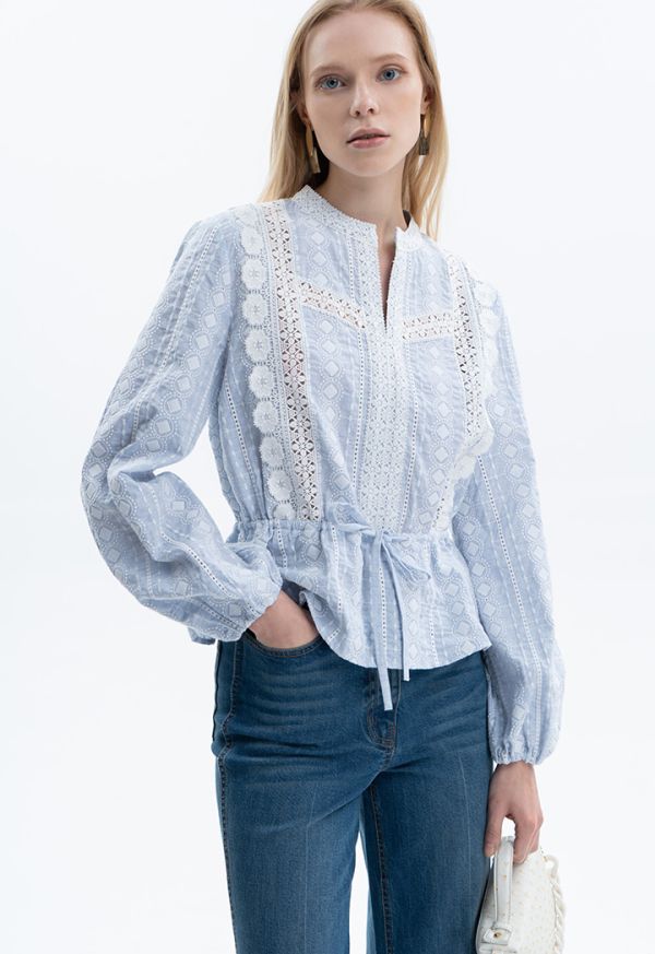 Embroidered Lace Blouse With Drawstring -Sale