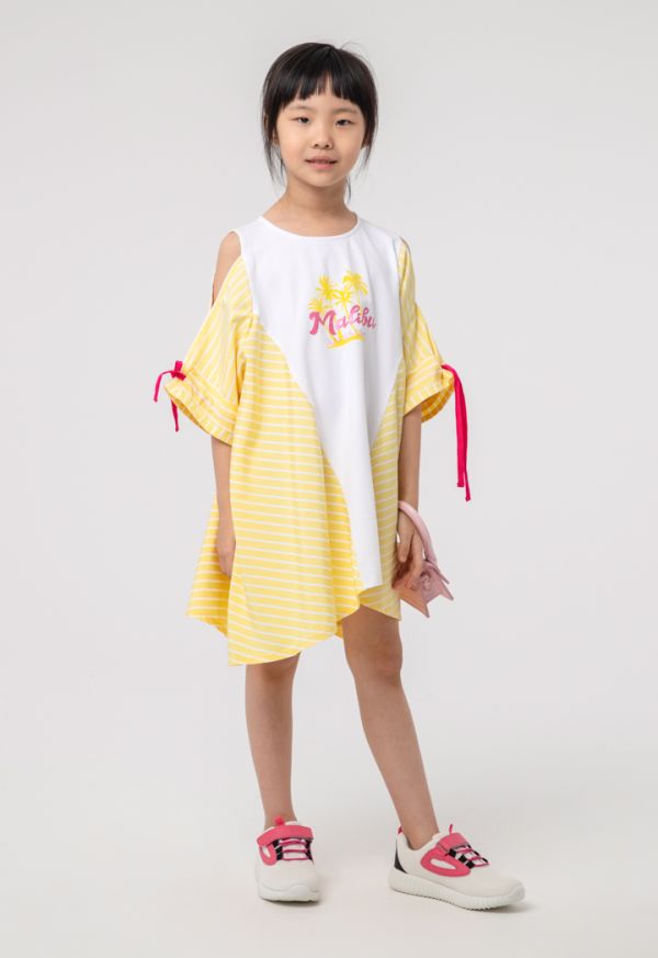 Asymmetrical Stripe Cold Shoulder Girls Dress -Sale