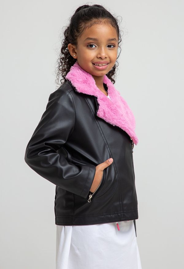 Barbie Print PU Leather With Faux Fur Zipped Jacket -Sale