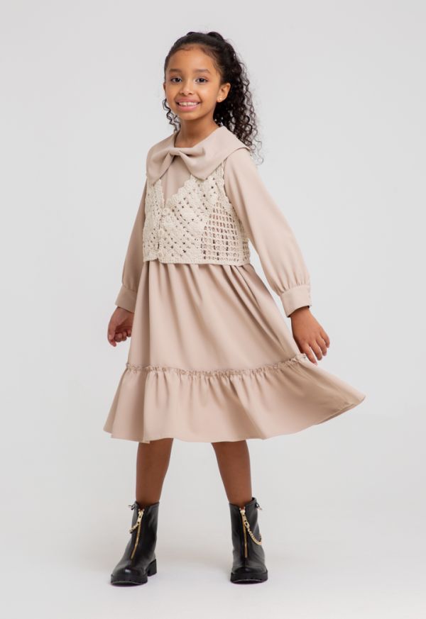 Peter Pan Collar Tiered Solid Dress With Knitted Sleeveless Gilet -Sale