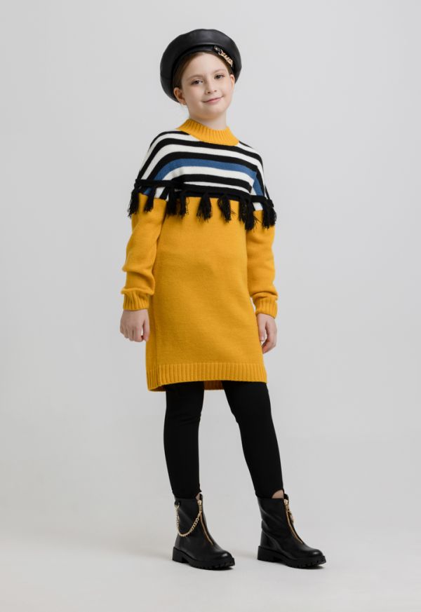 Long Sleeves Ribbed Neckline Tassel Details Knitted Dress -Sale