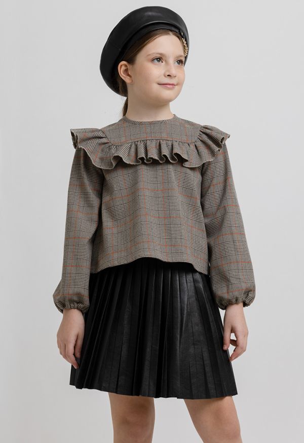 Glen Check Pattern Ruched Details Long Sleeves Blouse -Sale