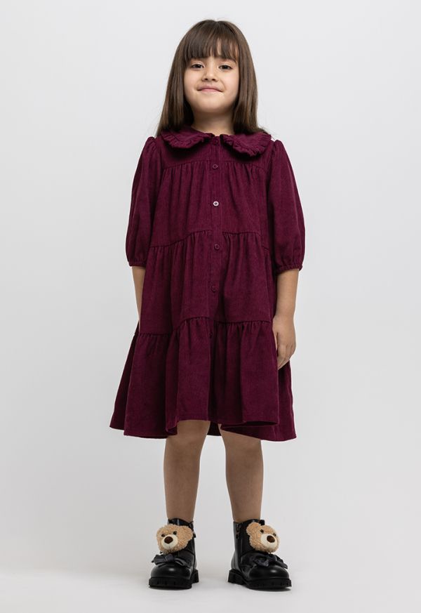 Peter Pan Collar Buttoned Puffy Sleeves Corduroy Tiered Dress -Sale