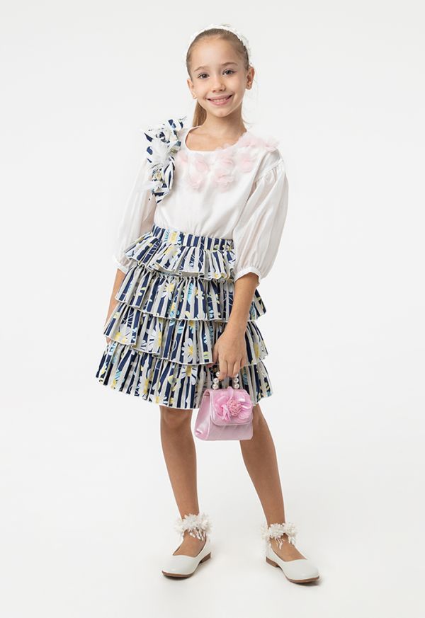 Floral Stripe Layered Ruffle Blouse And Skirt Set -Sale