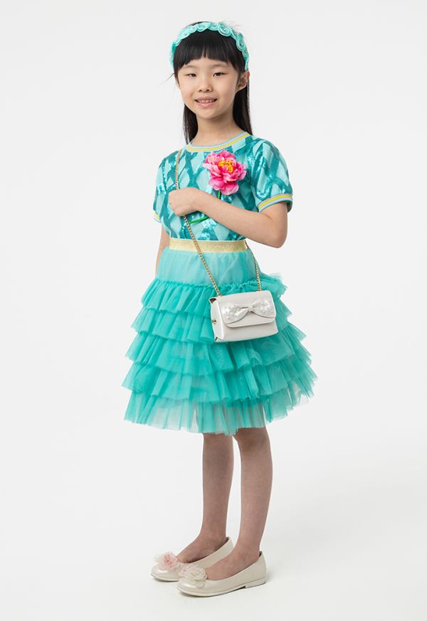 Layer Mesh Diamond Sequin Trim Blouse And Skirt Set -Sale
