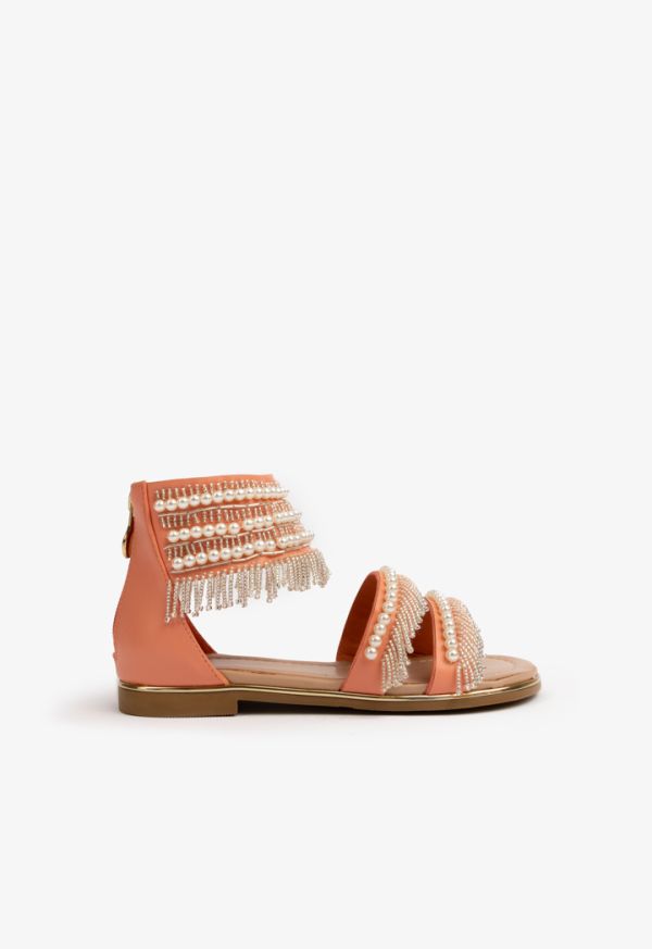 Embellished Faux Pearl Fringes Ankle Sandals