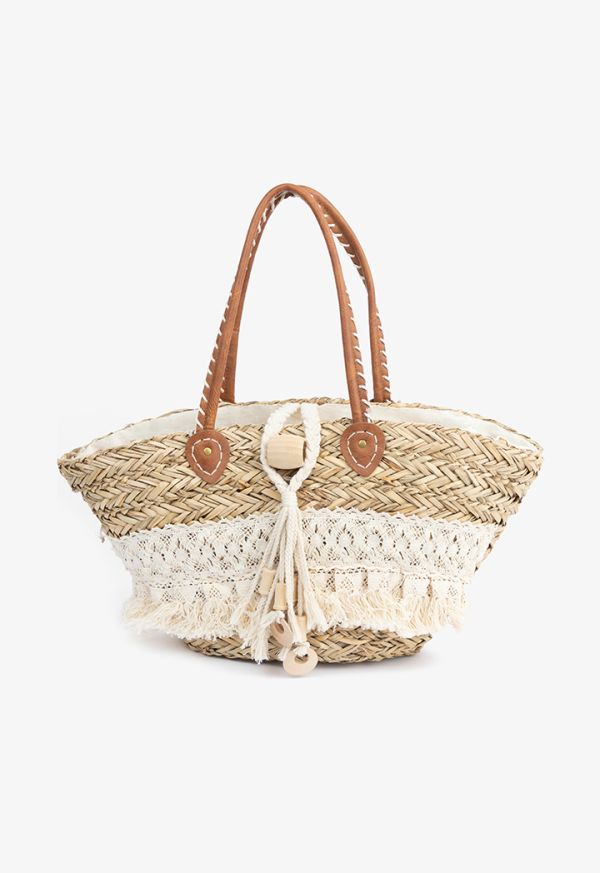 Handmade Lace Embellished Straw Tote Bag