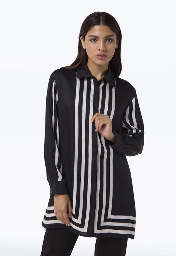 Contrast Lines Printed Collared Long Sleeves Shirt
