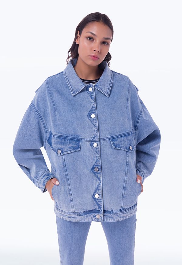Loose Fit Light Denim Pleated Outer Jacket -Sale