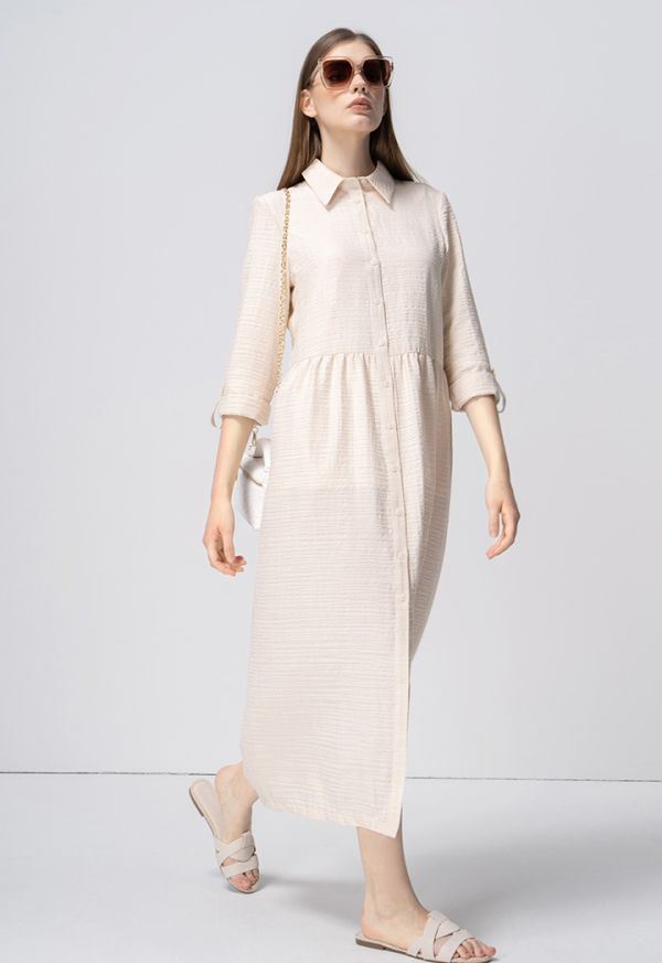 Textured Flared Solid Shirt Dress