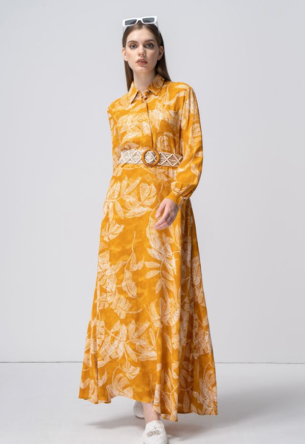 Printed Belted Long Sleeves Maxi Dress