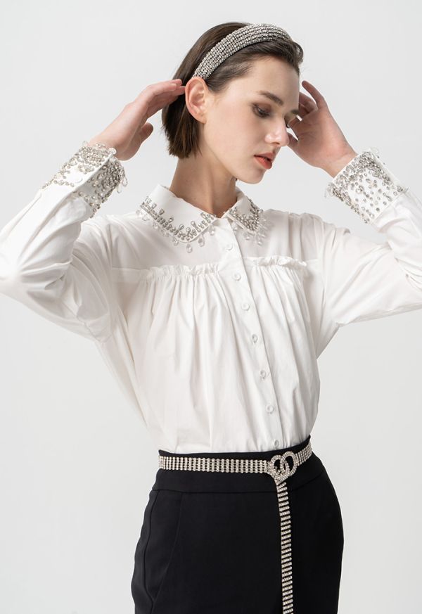 Embellished Crystal Faux Pearl Shirt