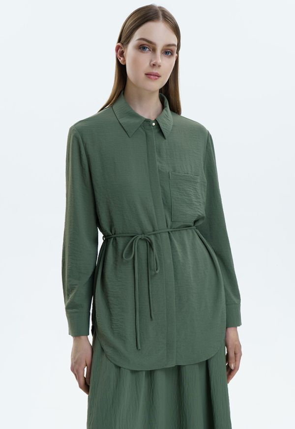 Solid Textured Shirt With Thin Belt -Sale