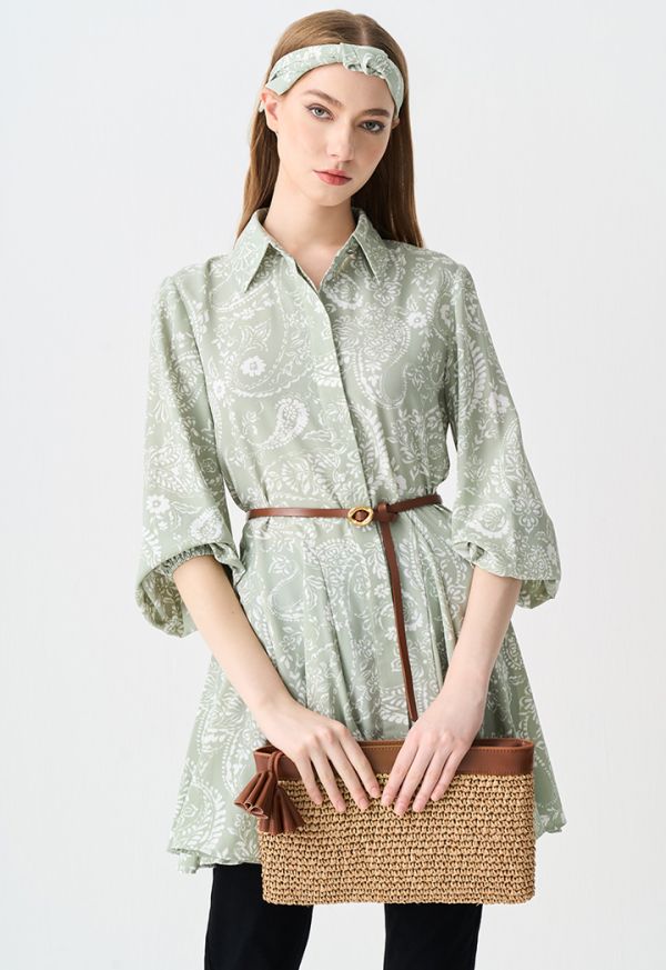 Printed Belted Flared Shirt Dress