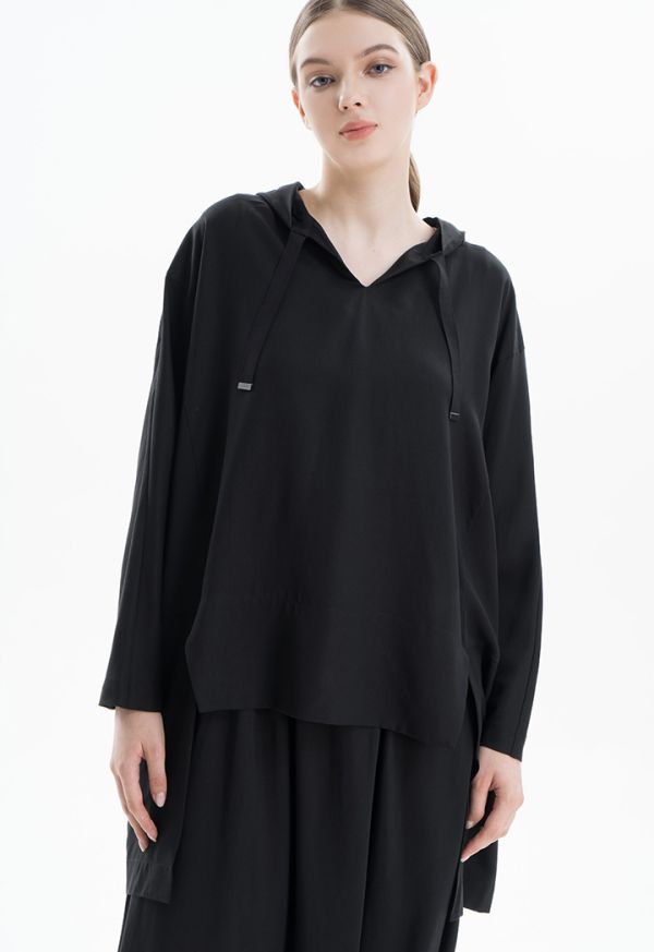 Solid Oversized High-Low Hooded Blouse -Sale