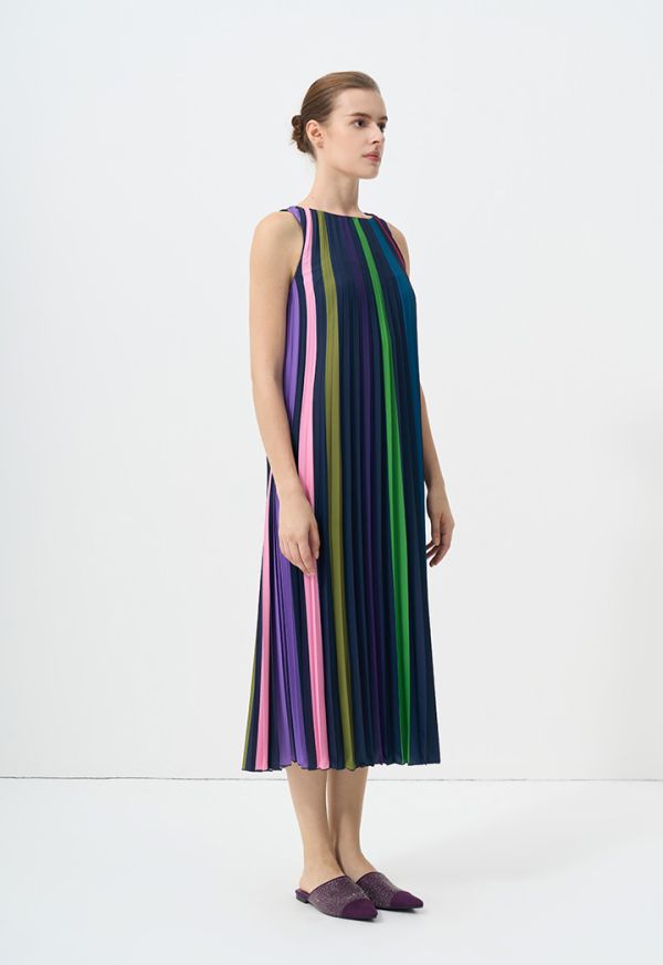 Pleated Sleeveless Printed Dress