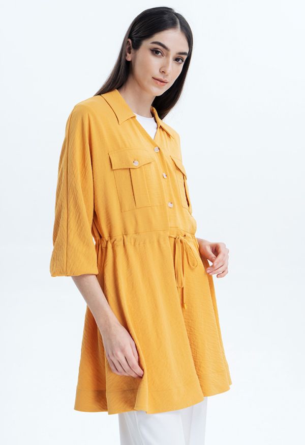 Solid Tunic Blouse With Drawstring Closure -Sale