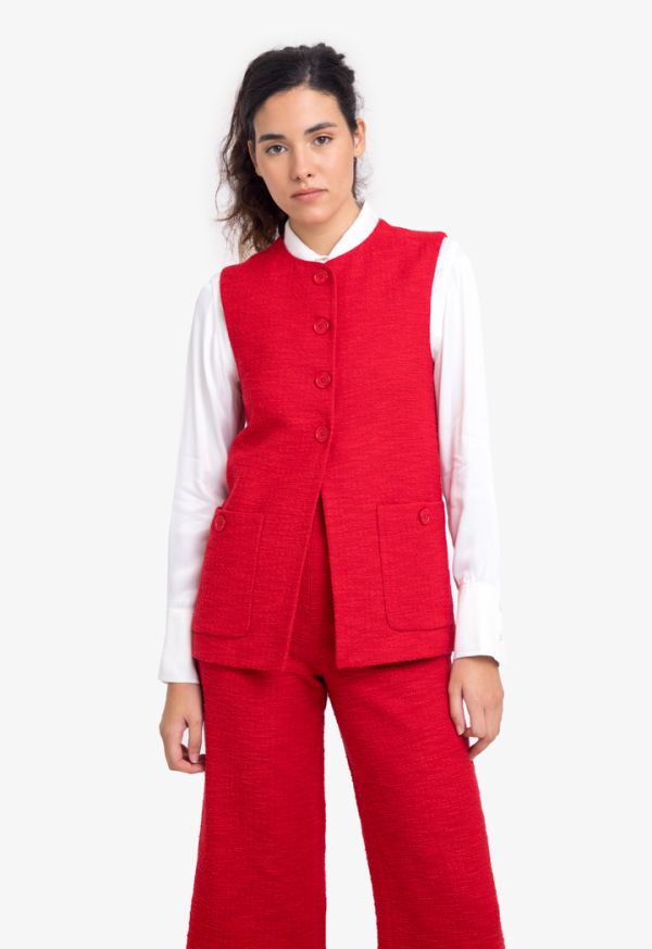 Solid Tweed Sleeveless Buttoned Vest -Sale