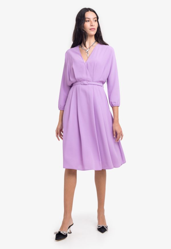 Solid Pleated Belted Midi Dress -Sale