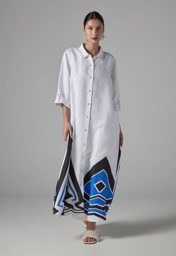 فستان بتصميم قميص كتان ماكسي بحواف مطبوعة - ستايل رمضان 