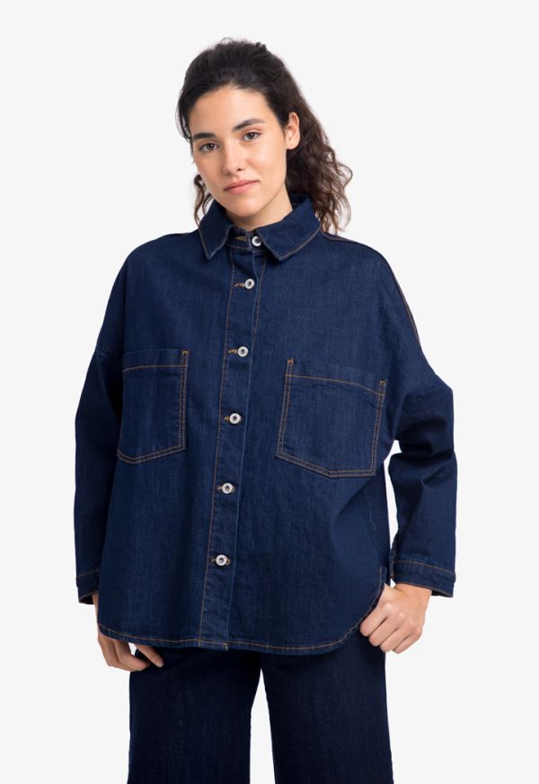 Ribbed Contrast Stitched Denim Shirt -Sale