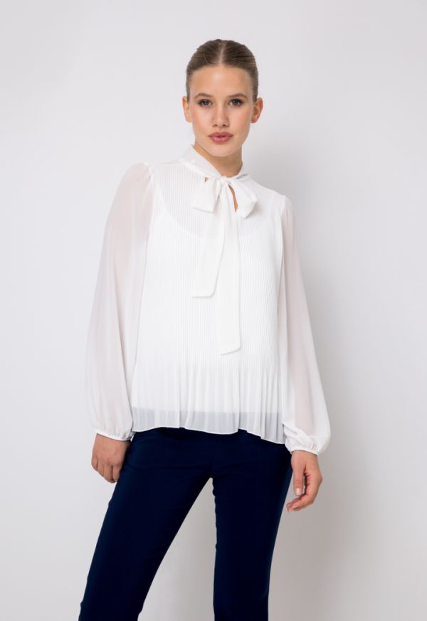 Pleated Long Sleeves Solid Blouse