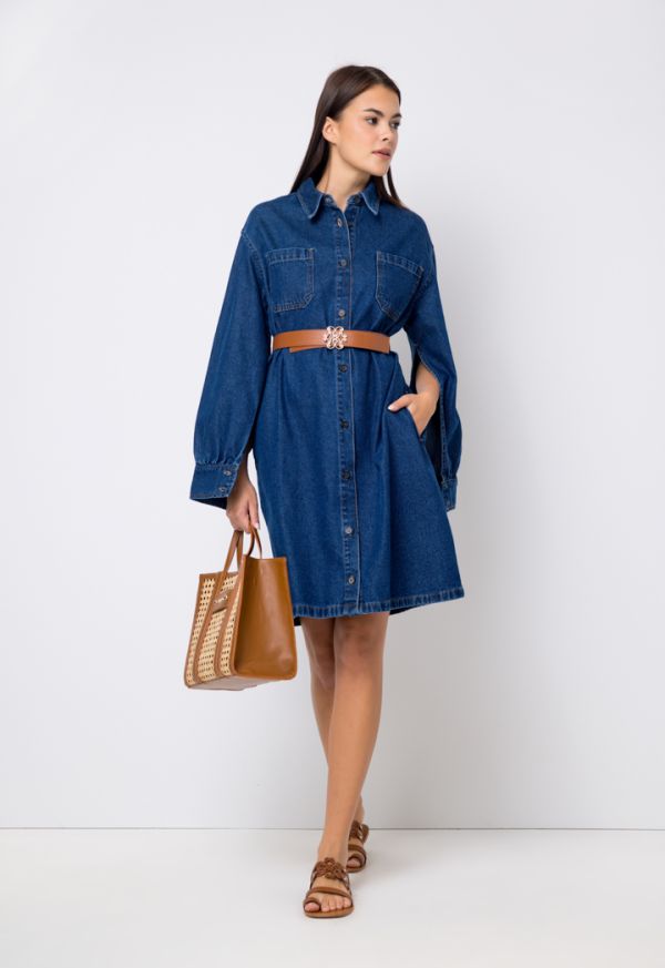 Long Slit Sleeve Denim Shirt Dress