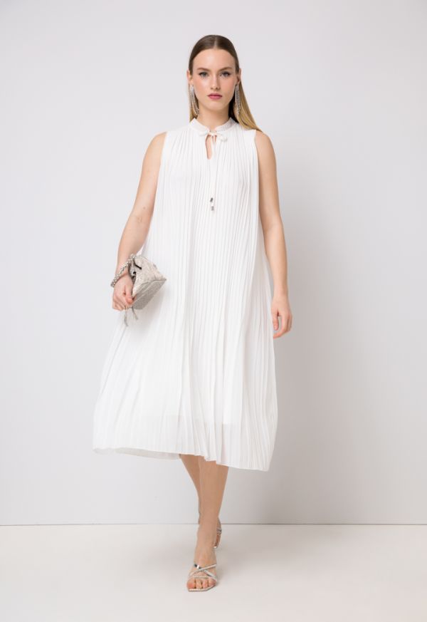 Pleated Sleeveless Belted Solid Dress