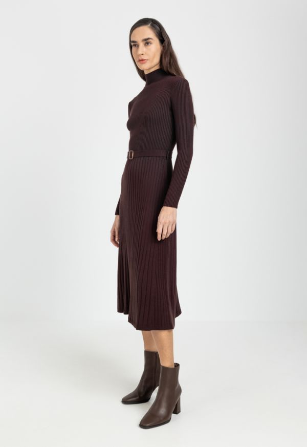 Knitted Ribbed Belted Flared Dress