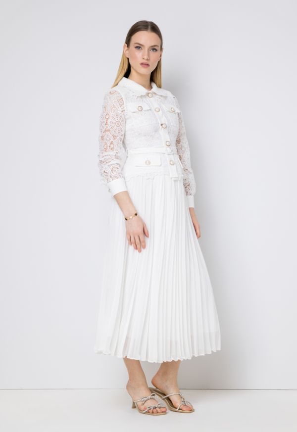 Lace Pleated Belted Solid Dress