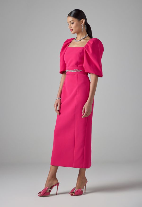 Single Tone Puff Sleeves Belted Dress