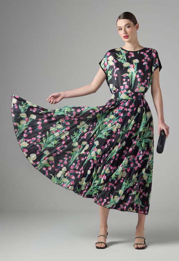 Floral Print Pleated Maxi Skirt