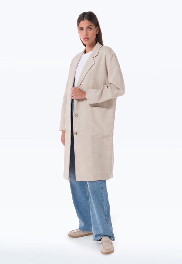 Long Solid Textured Single Breasted Coat -Sale