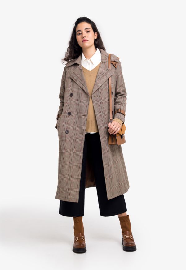 Double Breasted Houndstooth Trench Coat 