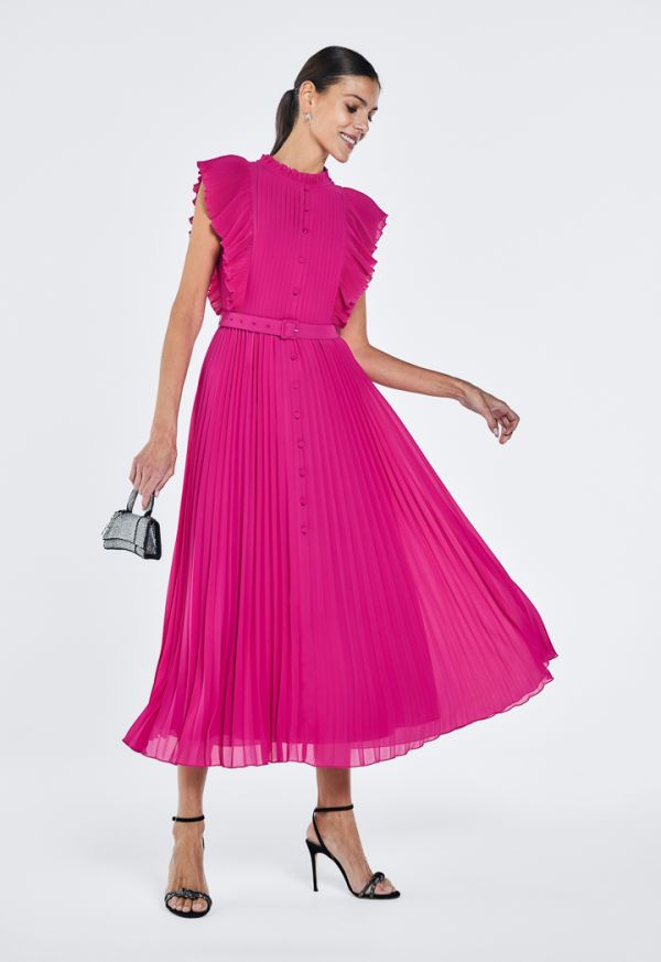 Pleated Ruffled Belted Dress