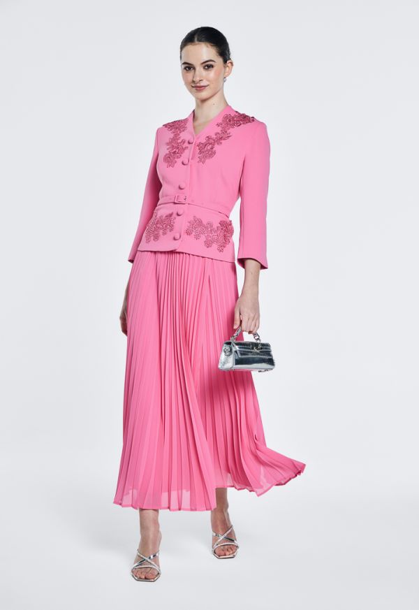 Lace Pleated Solid Midi Dress