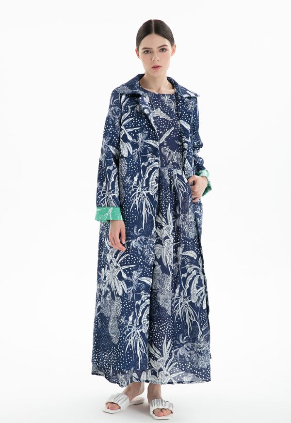 Wide Collar Quilted Printed Open Front Abaya -Sale