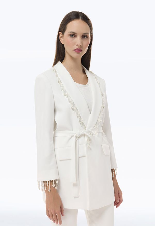 Pearl Embellished Blazer With Flap Pockets -Sale