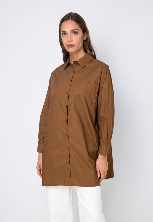 Buttoned Spread Collar Solid Long Shirt