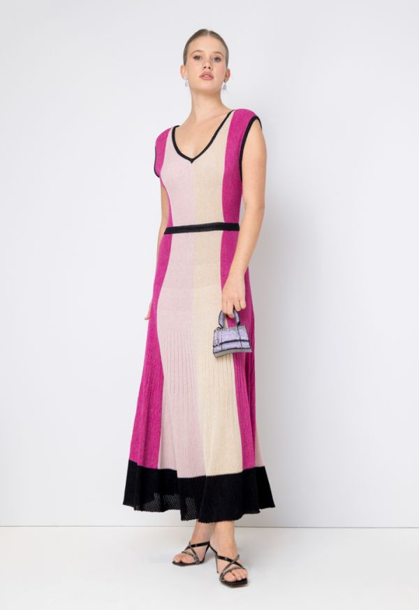 Colorblock Sleeveless Knitted Lurex Dress Set (2 PCS)